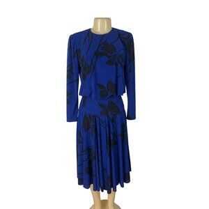 Vintage Ricki Lang Womens Blue & Black Floral Print Midi Dress Vintage Size 8